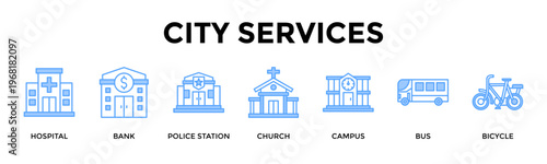 City Services Banner Web Icon Set Collection Pack Vector Illustration Concept For Show Essential City Services Supporting Education Health Finance And Mobility