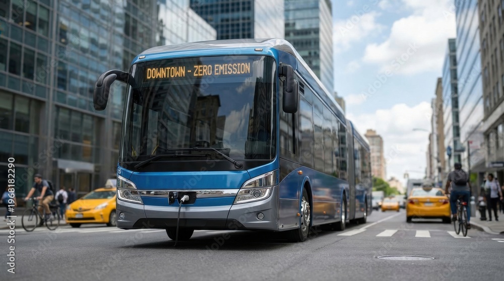 Fototapeta premium Urban Mobility Concept: Electric buses moving along busy city street