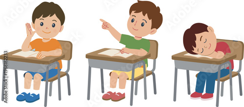 Cute school kids studying, answering question and sleeping at desk, classroom learning children cartoon characters education concept vector illustration collection isolated