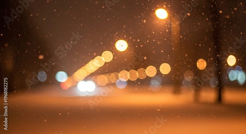 Snowy city street at night blurred.