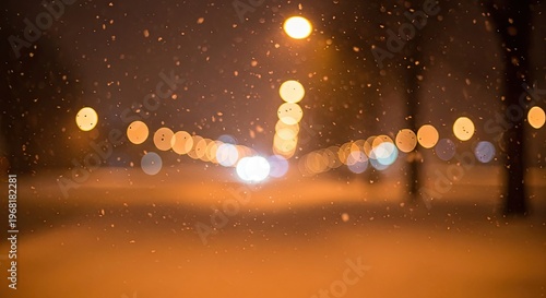Snowy city street at night blurred.