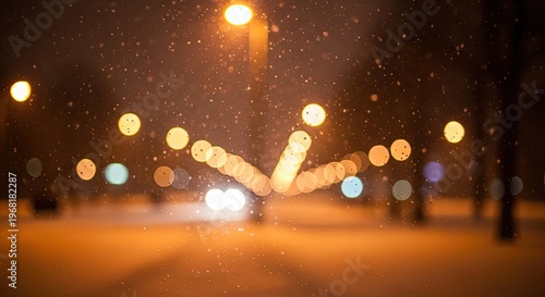 Snowy city street at night blurred.