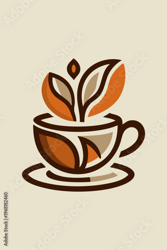 Logo cafetería. Dibujo sencillo con líneas de una taza de café y hojas de planta en varios colores 
