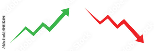 Green arrow trending up, red arrow trending down in opposing directions vector illustration