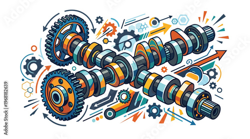 Colorful car engine crankshaft illustration.