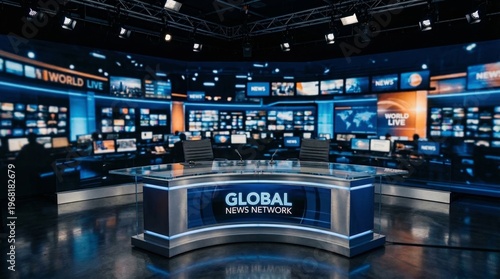 Television news studio with illuminated anchor desk and live broadcast screens. Concept of journalism, broadcasting, media production, breaking news, television and global communication. Generative AI