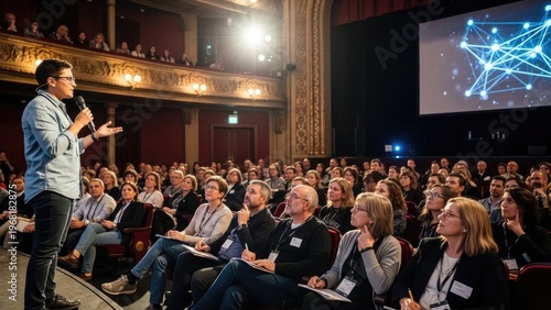 Speaker addressing audience in ornate theater with screen displaying networked data