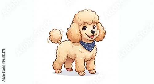 Cute Poodle Dog Standing Wearing Blue Polka Dot Bandana Cartoon Vector