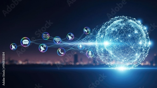Abstract sphere connecting various communication icons over city