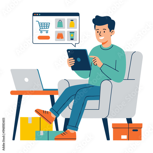 Man sitting on a chair holding a tablet with a shopping thought bubble above