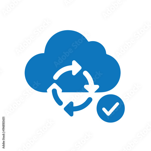 Blue cloud icon with circular arrows and checkmark represents data synchronization and task completion.
