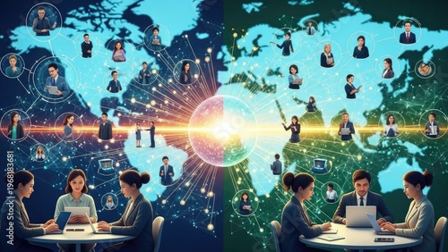 World map overlayed with networked people communicating digitally