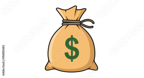 Animated depiction of a neatly tied fabric money sack, presented in a light earthy hue, prominently featuring a bold green dollar emblem,