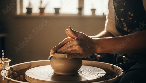 Potter's Hands Molding Clay on Wheel in Sunlit Studio with Macro Detail