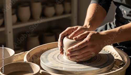 Close-up of Ceramicist Hands Shaping Clay on Potter's Wheel in Sunlit Studio