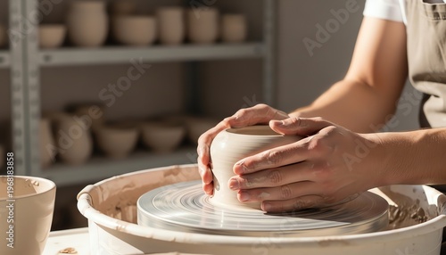 Close-up of Ceramicist Hands Shaping Clay on Potter's Wheel in Sunlit Studio