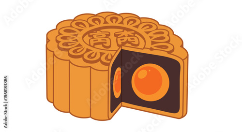 Traditional Chinese mooncake illustration displaying its iconic embossed pattern a cut portion reveals rich dark filling and twin golden egg yolks art