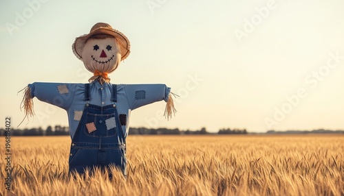 Lone Scarecrow in Golden Wheat Field at Golden Hour with Shallow Depth of Field