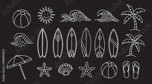Various black outline summer beach vacation icons are arranged neatly in a grid, depicting popular leisure and travel elements with a clean, minimalist