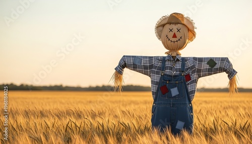 Lone Scarecrow in Golden Wheat Field at Golden Hour with Shallow Depth of Field