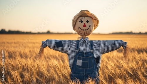 Lone Scarecrow in Golden Wheat Field at Golden Hour with Shallow Depth of Field