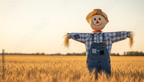 Lone Scarecrow in Golden Wheat Field at Golden Hour with Shallow Depth of Field