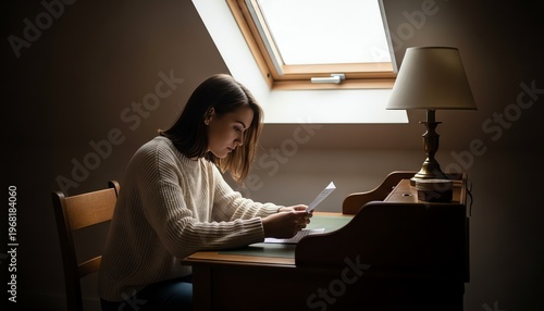 Young Woman Reading Handwritten Letter in Quiet Attic Room with Golden Light