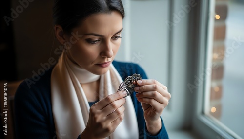 Woman Delicately Examines Filigree Brooch in Sunlit Antique Jewelry Store