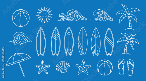 Various black outline summer beach vacation icons are arranged neatly in a grid, depicting popular leisure and travel elements with a clean, minimalist