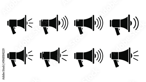 A collection of eight black megaphone icons each emitting sound waves arranged in a grid format silhouette high quality professional detailed