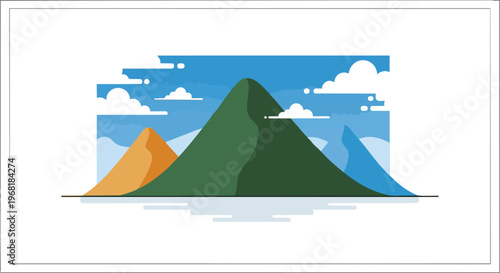 Stylized flat design vector illustration capturing a tranquil mountain vista beneath a bright blue sky, featuring soft clouds and gentle water