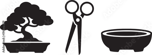 Bonsai Tree, Scissors, And Pot Icons In Silhouette Style For Gardening And Horticulture