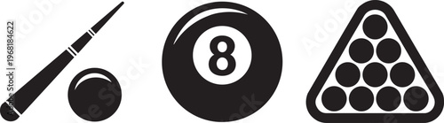 Billiard Pool Cue, Balls, And Rack Icons In Solid Silhouette Style
