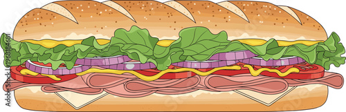  Delicious sub sandwich with ham cheese lettuce tomato onion mustard fast food vector illustration design