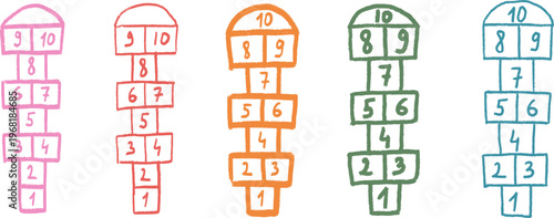 Hopscotch games chalk drawn outline child-like set isolated on dark background. Kid playground outdoor entertainment. Vector colorful wax crayon handwritten illustration elements.