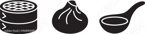 Chinese Food Icons: Steamer Basket, Dumpling, And Soup Spoon