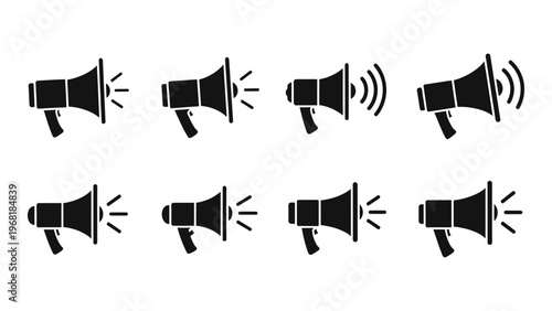 A collection of black megaphone icons in varying positions emitting sound waves presented on a white background silhouette high quality professional