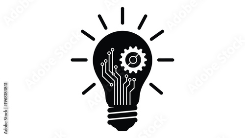 A black lightbulb containing circuit board elements and a gear radiating lines presented as a striking silhouette high quality professional detailed