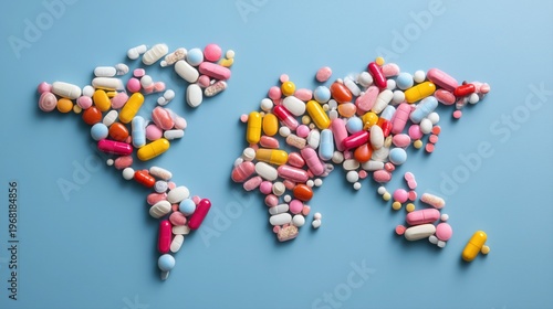 Pills on a blue background with healthcare icons and a world map, representing the concept of the medicine market.