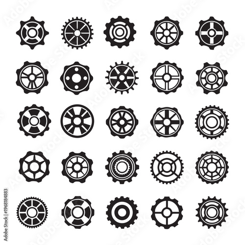 Set of abstract geometric shapes and vector icons featuring a seamless pattern of black gear wheels, circular flower ornaments, and machine cogwheel silhouettes for decorative art design elements