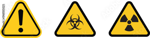 Triangular warning signs for danger and hazards with exclamation mark