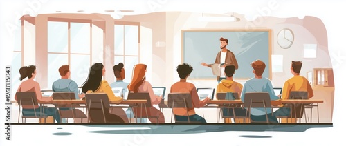 A university lecture hall with students and a professor, a flat illustration.