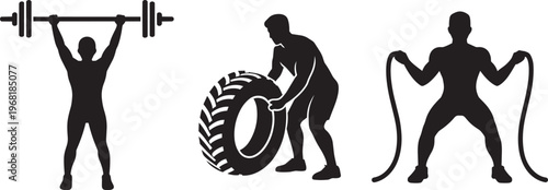 Fitness Silhouette Set Featuring Weightlifting, Tire Flip, And Battle Ropes Exercises