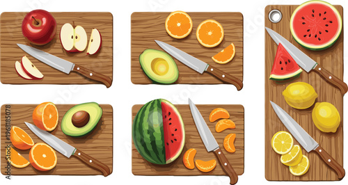 Fresh fruits cutting on wooden boards apple orange avocado watermelon lemon slices food preparation vector illustration set