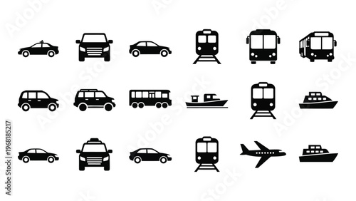 A collection of diverse transportation modes depicted in a minimalist black style including vehicles trains and aircraft silhouette high quality professional