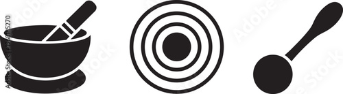 Mortar And Pestle, Concentric Circles, And Spoon Solid Black Icons