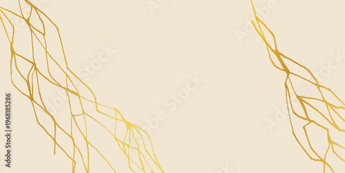 Golden kintsugi ornament lines with delicate cracks on pristine beige marble background. Luxurious broken texture features shimmering gold veins. Vector beige bg for elegant contemporary illustration.