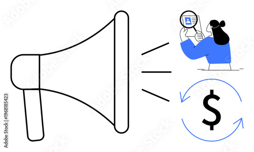 Marketing strategy. Megaphone promotion, businesswoman checking analytics data, and financial growth ed with dollar and arrow. For advertising, branding, financial planning, startups, ecommerce