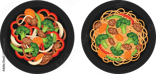  Healthy vegetable stir fry and pasta dishes top view asian italian cuisine food vector illustration set