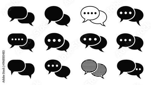 A collection of overlapping black speech bubbles and one striped pair displaying varied communication styles in silhouette high quality professional detailed